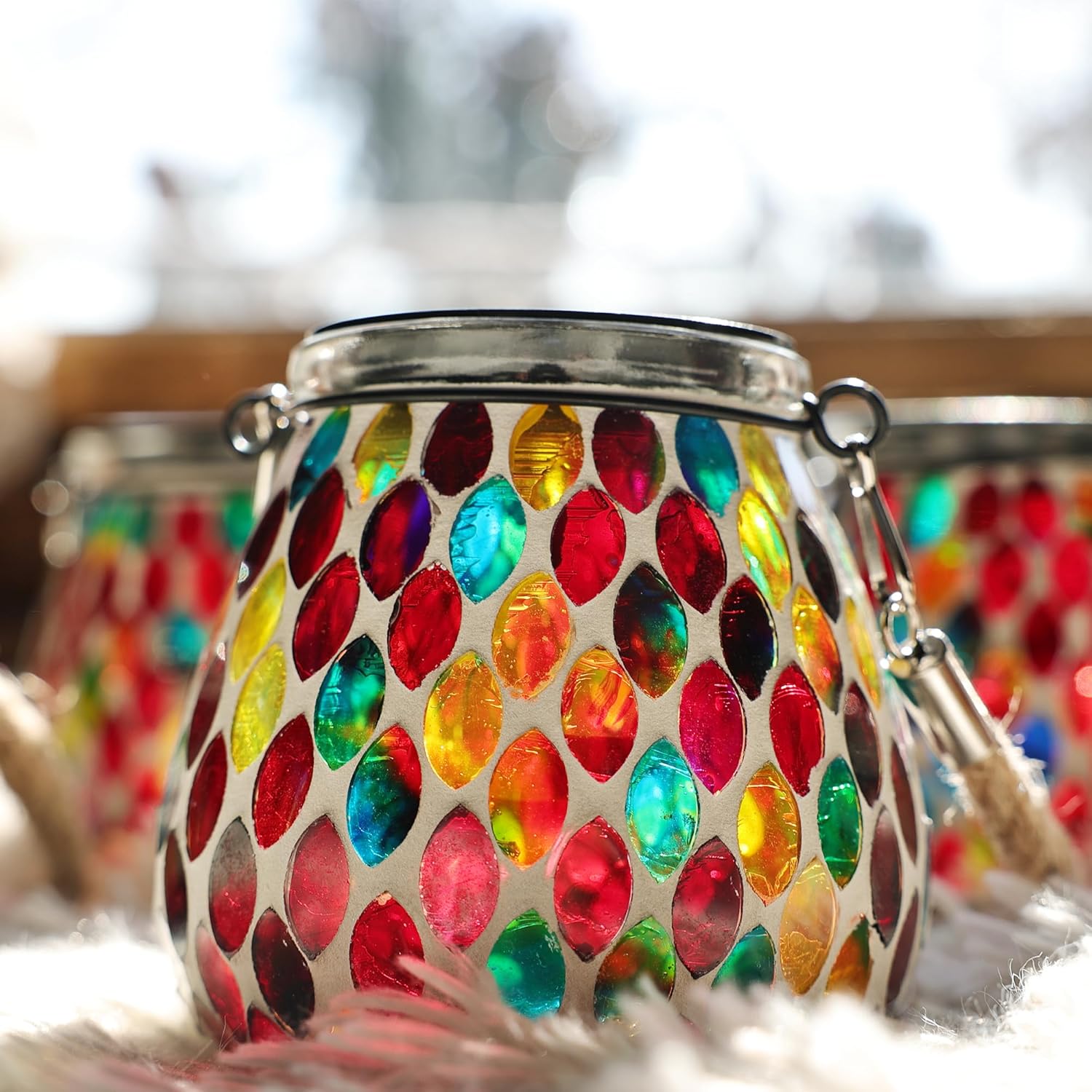 Cooo 2 Pack Mosaic Solar Lantern and 2 Pack Heavy Iridescent Crackle Glass Solar Lantern