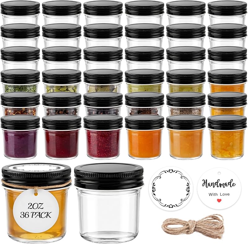Potes de vidro mini Tecohouse com tampas pretas, 60 mL, pacote com 36