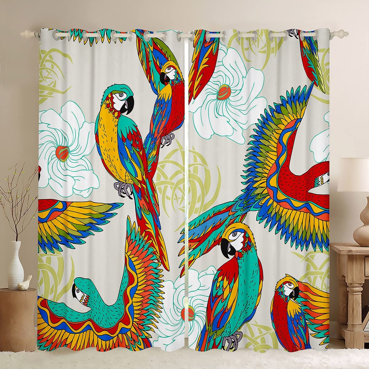 Loussiesd Colorful Parrots Blackout Curtain Botanical Floral Curtains for Kids Women Girls Birds Window Drapes Wildlife Animal Window Treatments W46*L72