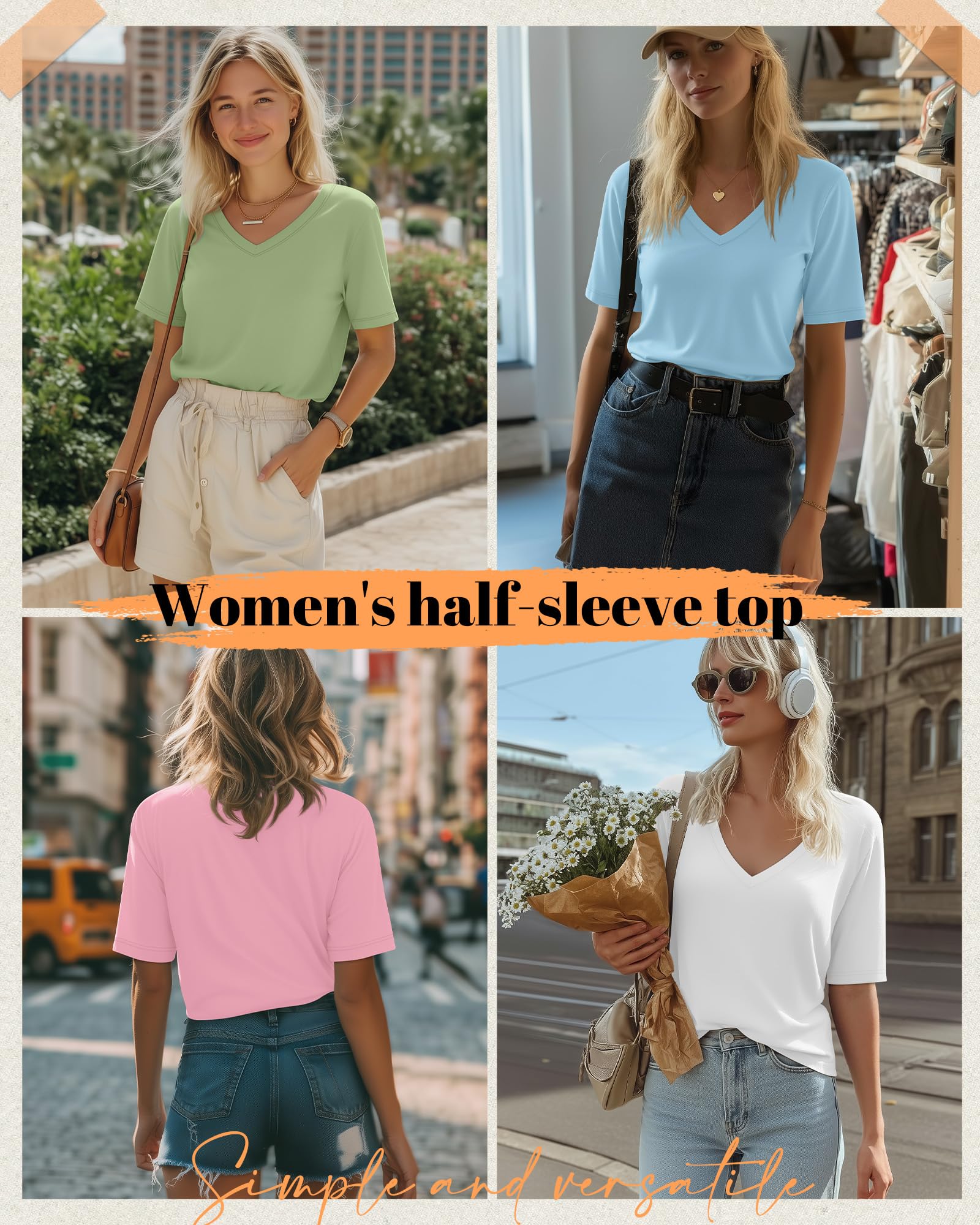Geyoga Lot de 4 T-Shirts Femme Col V | Manches Mi-Longues, Coupe Décontractée, Ourlet Droit, Tops D'Été, Confortables, Respirants