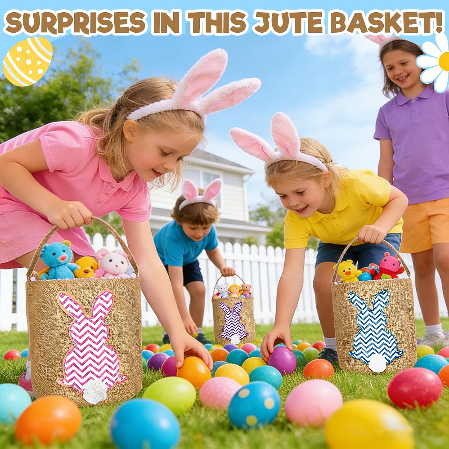 TURNMEON 3 PCS Easter Baskets Bunny Rabbit Bucket Tote Bags for Easter Egg Hunts Decorations Candy Gifts Storage Canvas Personalized Easter Eggs Baskets for Kids Girls Boys Party Favor Supplies