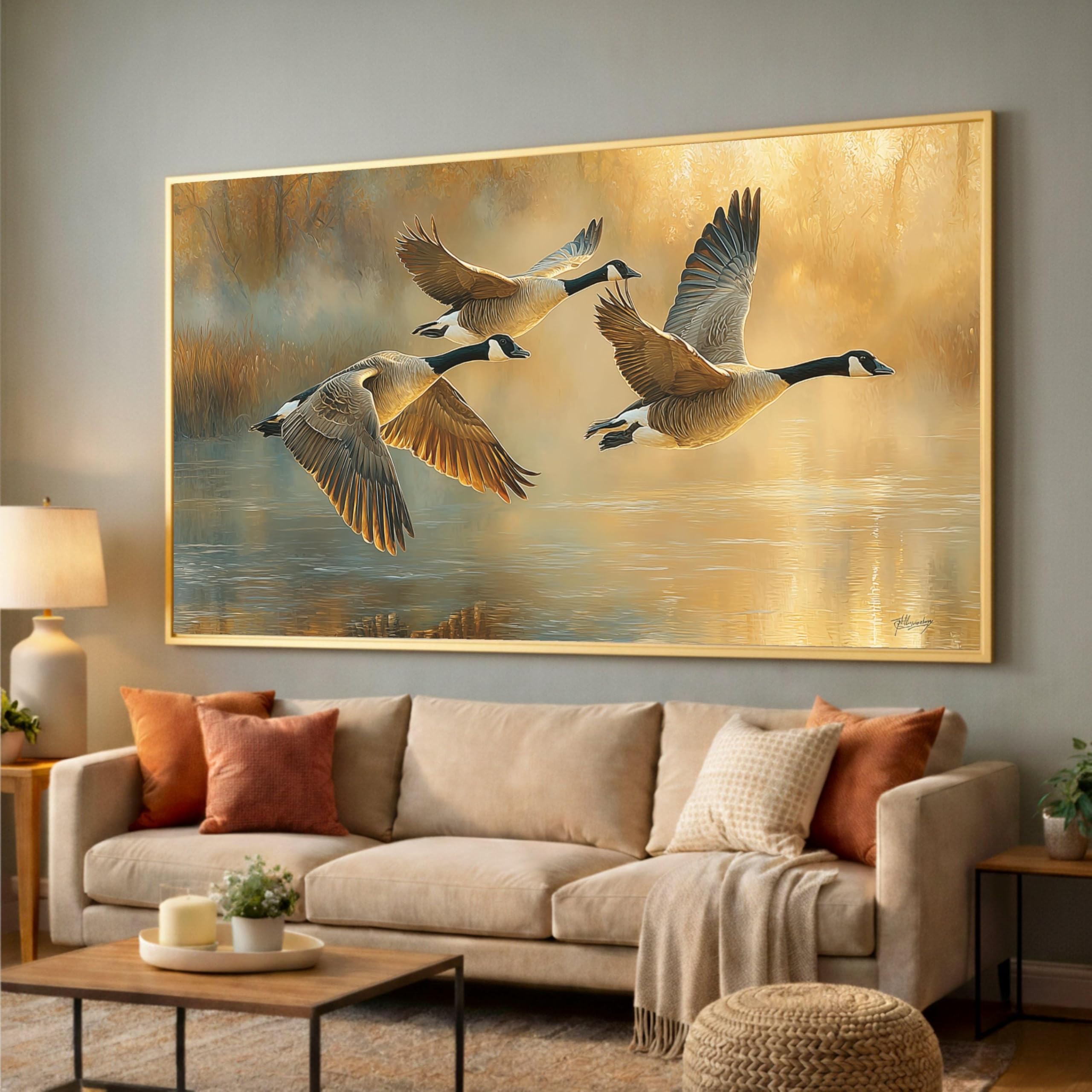 LMYCHENG Flying Geese Wall Art, Wildlife Canvas Pictures, Flight Birds Posters and Prints, Rustic Home Decor, Landscape Painting(80x140cm/Frameless)