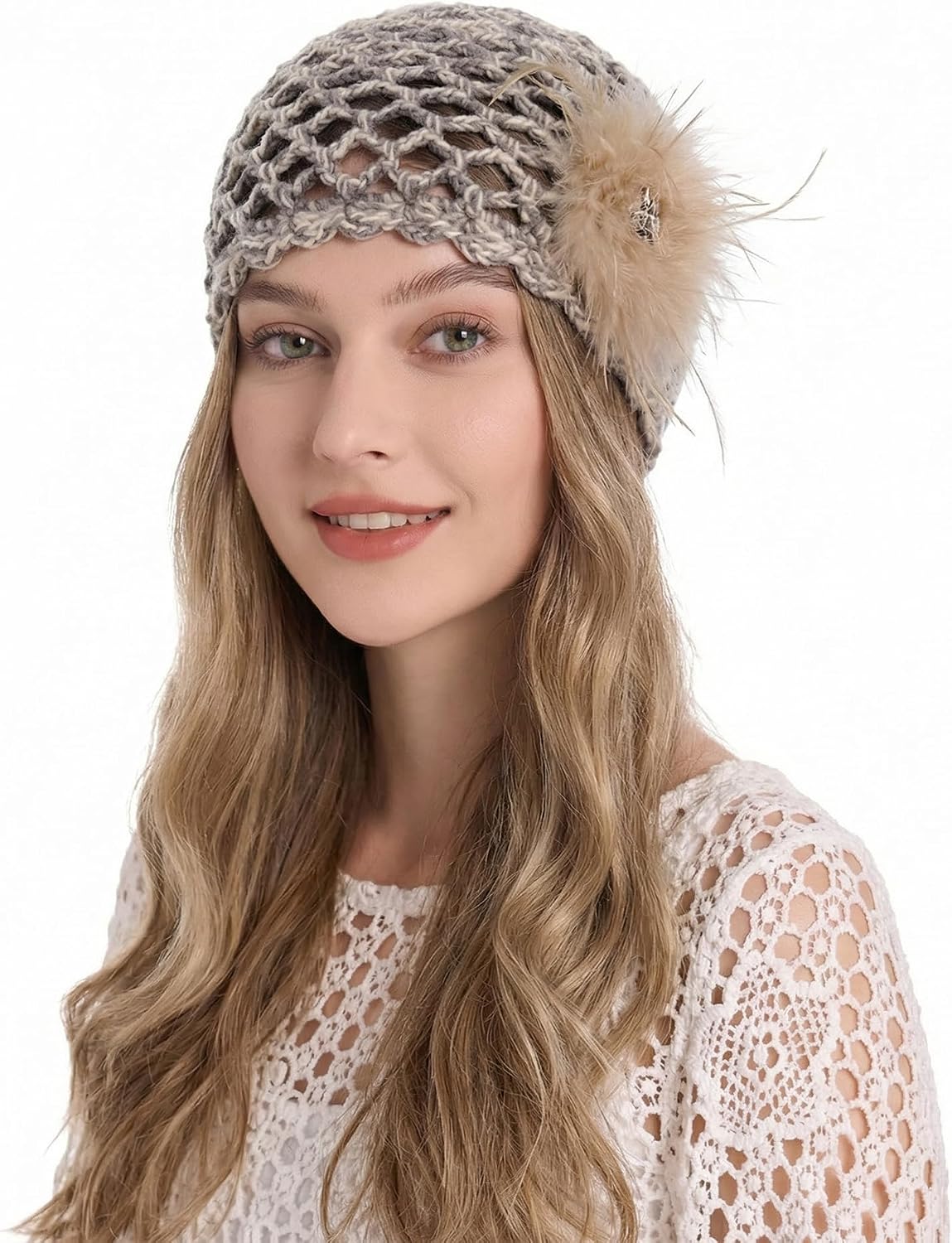 ZLYC Women Crochet Beanie Hat Summer Handmade Knit Decorated Lightweight Skull Cap