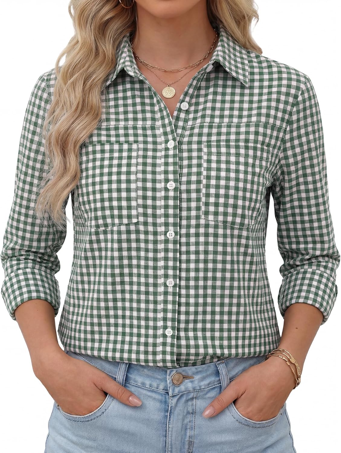 Kistore Womens Button Down Shirts Striped Linen Long Sleeve Blouses Business Casual Office Work Tops Loose Fit with Pockets