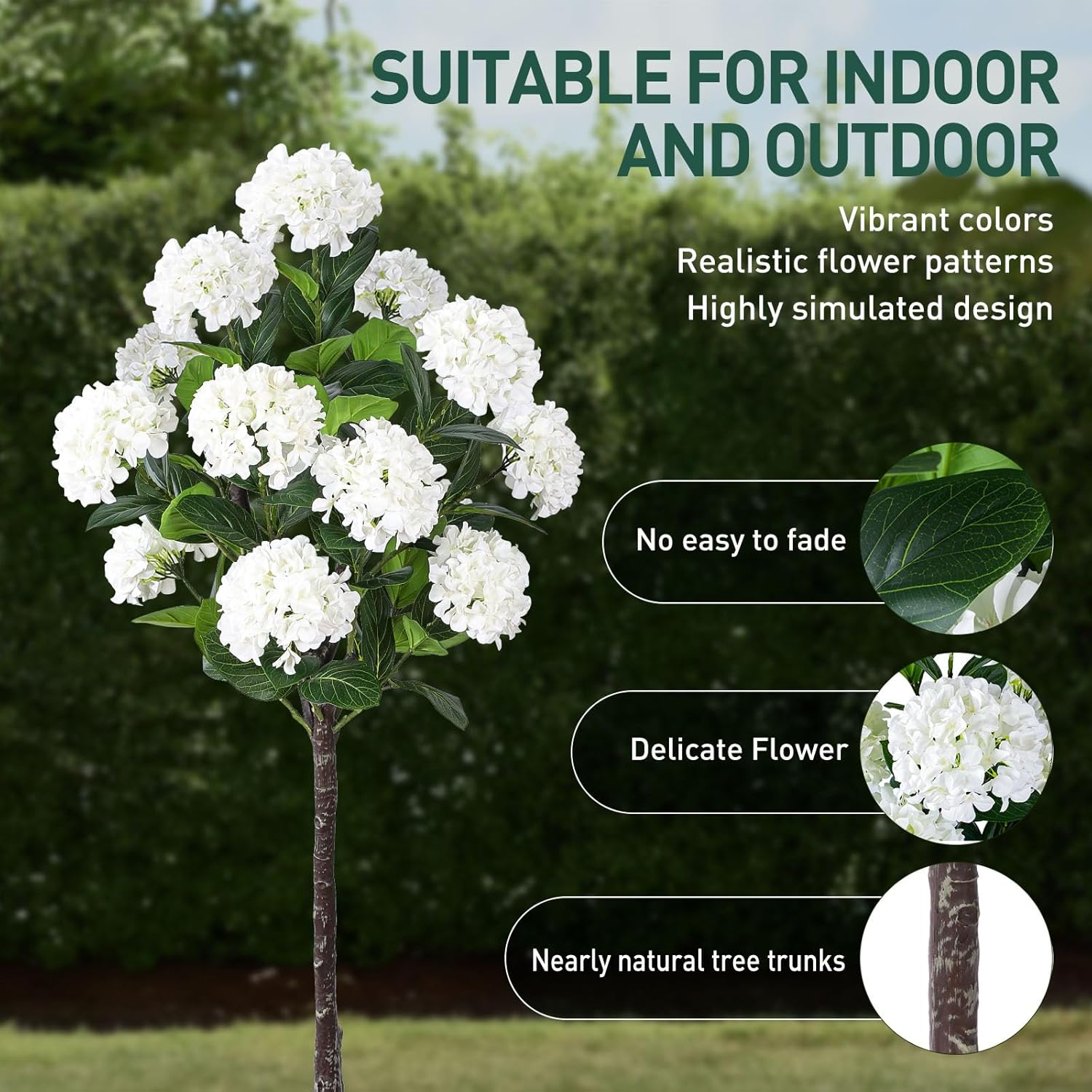 5 FT Artificial Hydrangea Tree- Large Faux Hydrangea Plants Indoor Outdoor,Fake Flower Trees with White Tall Planter for Home Garden,Front Decor - Image 8
