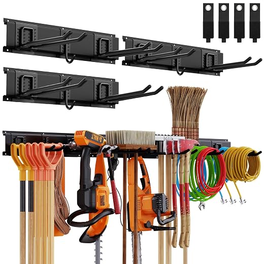 Garage Tool Storage Organizers Wall Mounted with 6 Removable Hooks and 3 Board, Super Heavy Duty Powder Coated Steel Garden Tool Hanger Rack for Chair, Broom, Mop, Rake Shovel & Tools