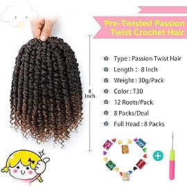 Fulcrum Passion Twist Hair 8 Inch, 8 Packs Passion Twist Crochet Hair for Black Women, Prelooped Crochet Twist Hair with Curly Ends (8Inch, T30)