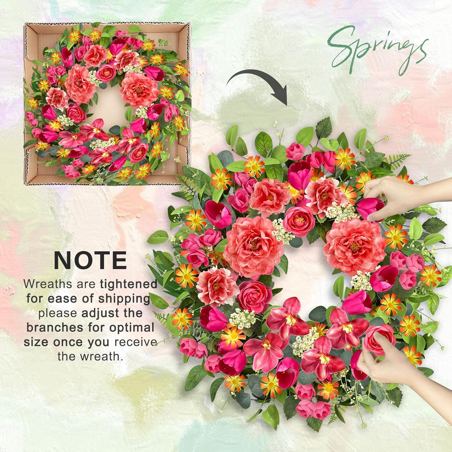 ICX 24 Inch Spring Wreaths for Front Door, Large Spring Summer Outdoor Door Wreath with Pink Peony Tulip Orchid, All Seasons Floral Wreath for Farmhouse Wall Porch Window Home Decor