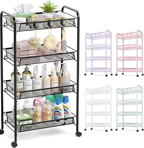 Miniatura 1 de TOOLF Carrito rodante de 4 niveles, carrito de metal con 3 ganchos, carrito de almacenamiento móvil fácil de montar sobre ruedas, estanterías de