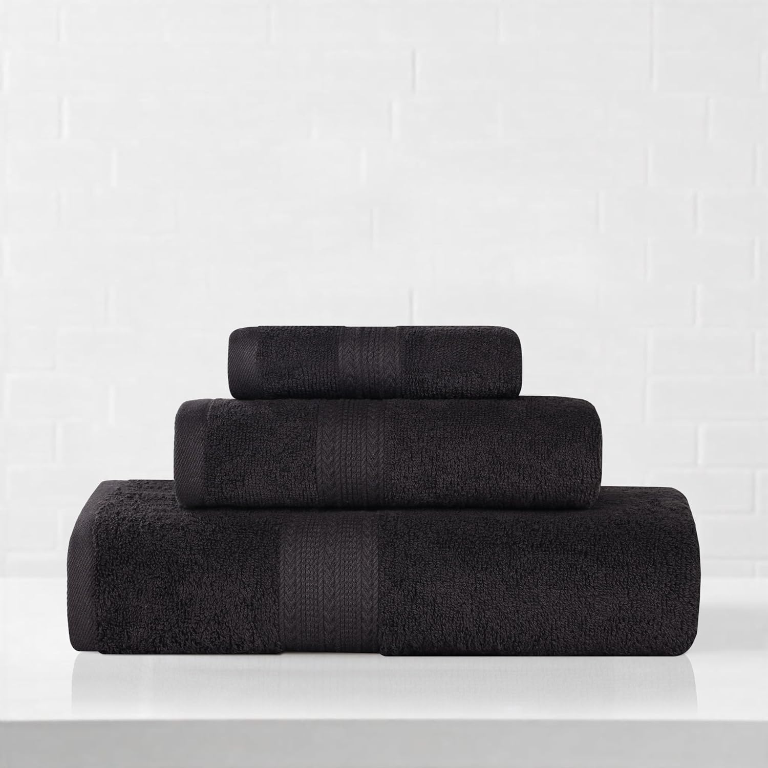 Superior Eco-Friendly Cotton 3-Piece Towel Set, Bathroom, Shower, Quick Dry Home Essentials, Lightweight, Sustainable Towels, 1 Bath, 1 Hand, 1 Face Towel, Washcloth, Highly Absorbent, Black