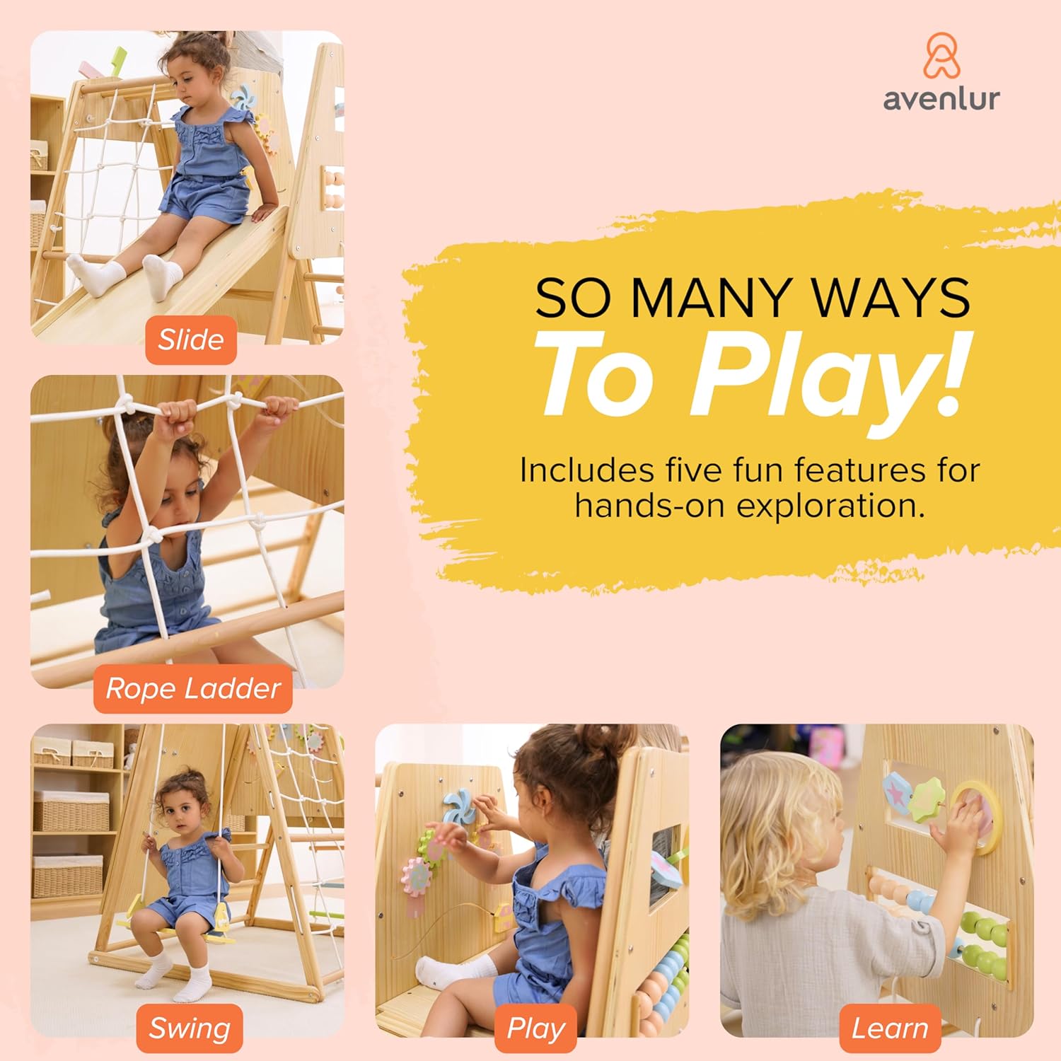 An image illustrating the five different play features of the Avenlur Cherry Indoor Climber: slide, rope ladder, swing, and sensory play elements.