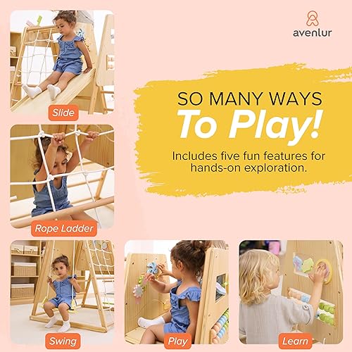 Miniatura 7 de Avenlur Cherry - Escalador de madera 5 en 1 para interiores, gimnasio Montessori para niños pequeños con tobogán, pared de roca, escalera de cuerda,