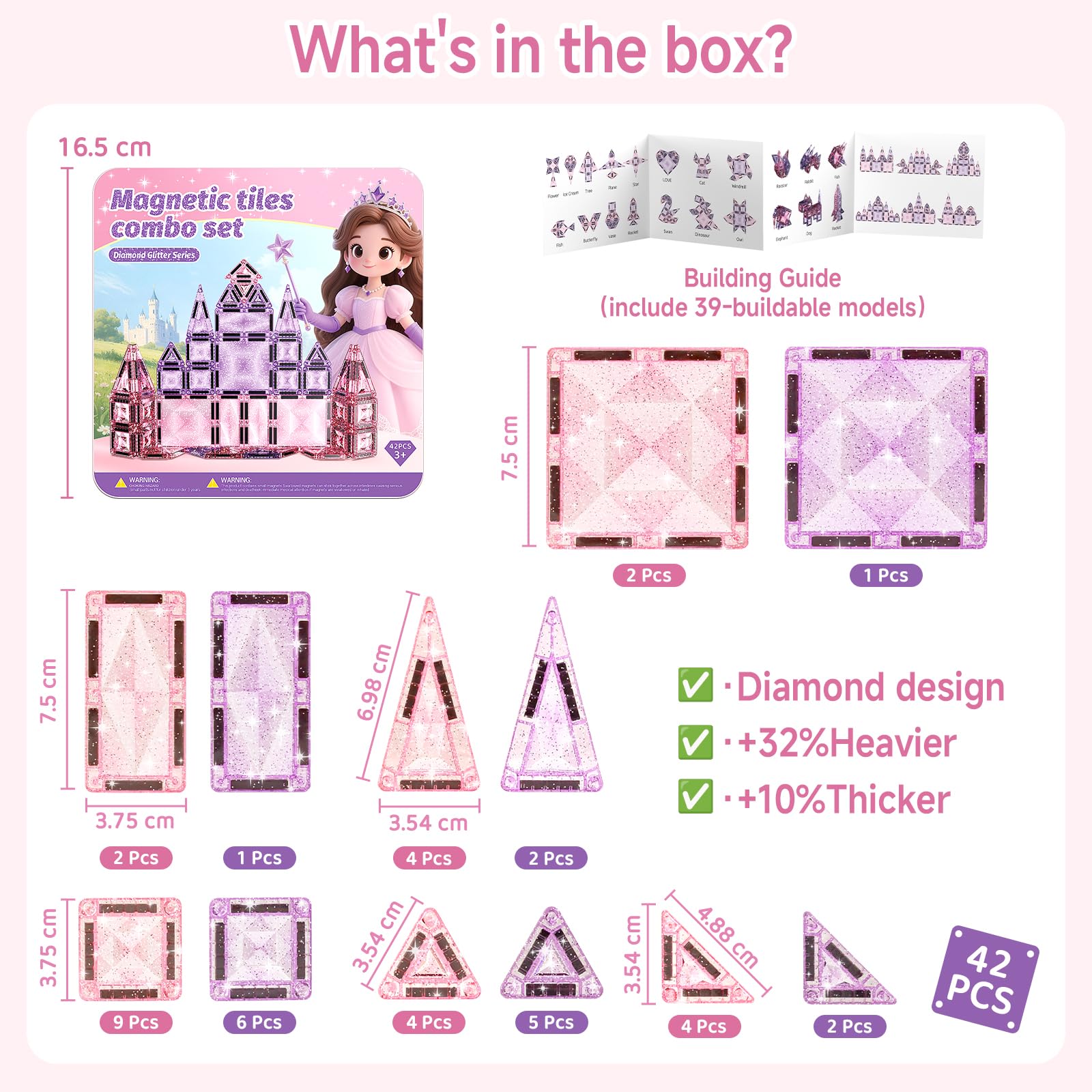 Magnetische Bausteine Reisespielzeug für Mädchen: 42 Teile Glitzer Diamant Magnetische Tiles in Metallbox für Auto, Flugzeug & Zug – 90 Minuten Beschäftigung, 45s Aufräumen – Geschenk ab 3-6 Jahren