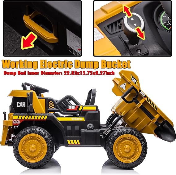 NEWQIDA Ride on Dump Truck, 12V Kids Electric Car with Remote Control for Toddlers Ride on Construction Vehicles with Electric Dump Bed/Shovel, 19 Spacious Seat, Soft Start, Music, Bluetooth, Yellow