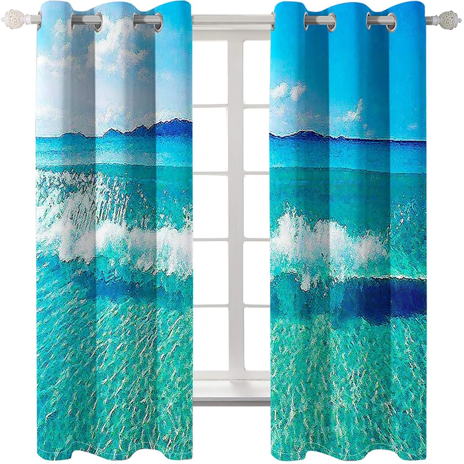 Cortinas opacas para dormitorio, juego de 2 piezas, cortina de ventana con ollaos, paisaje abstracto con olas del mar, cortinas elegantes para salón, 234 x 274 cm (ancho x alto), azul verde
