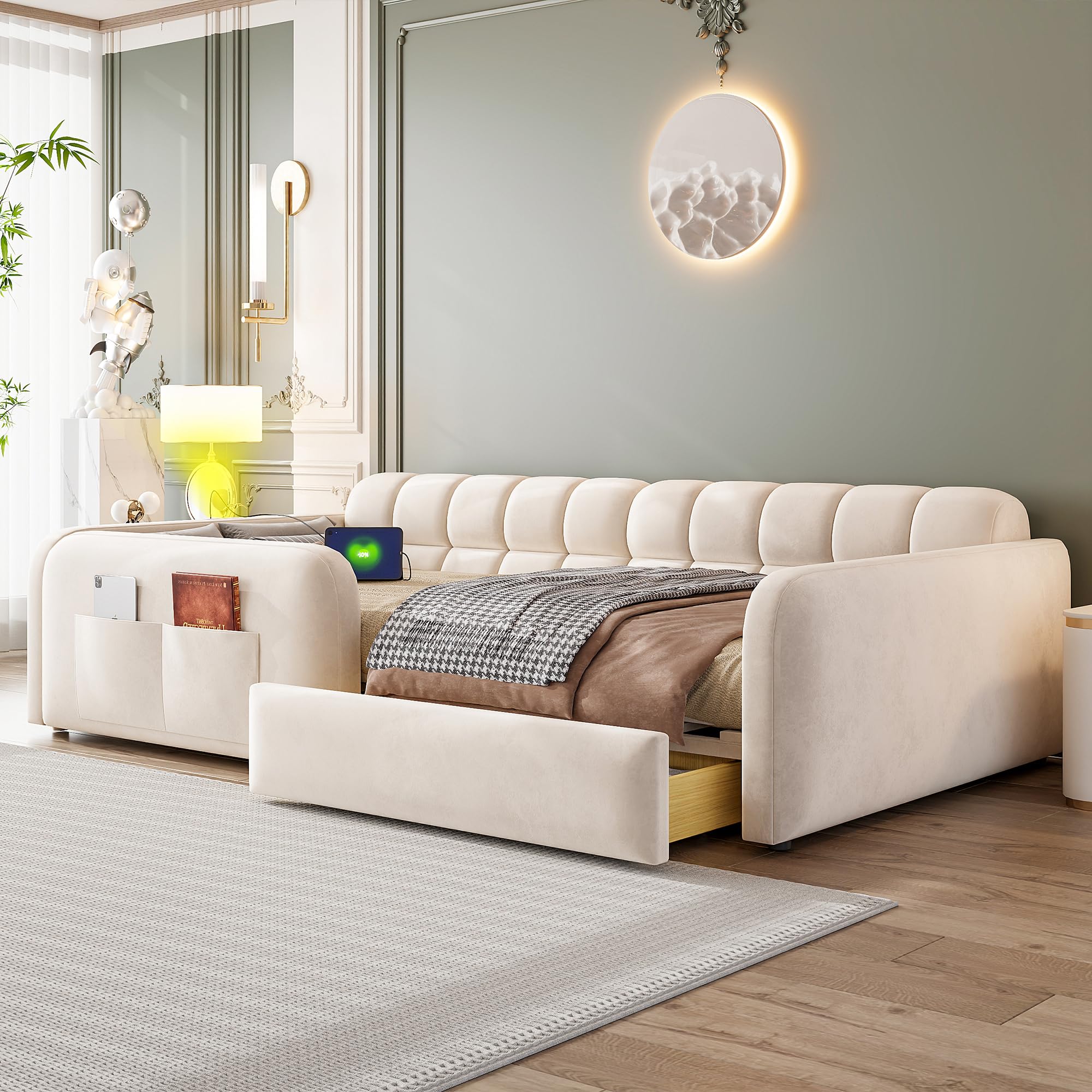 Kinderbett Bodenbett 90x200, Polsterbett Montessori Bett mit Schublade, Nachtlicht und Ladeanschluss, Gitterbett Jugendbett Einzelbett mit Rausfallschutz und Lattenrost, Samt, Ohne Matratze, Beige