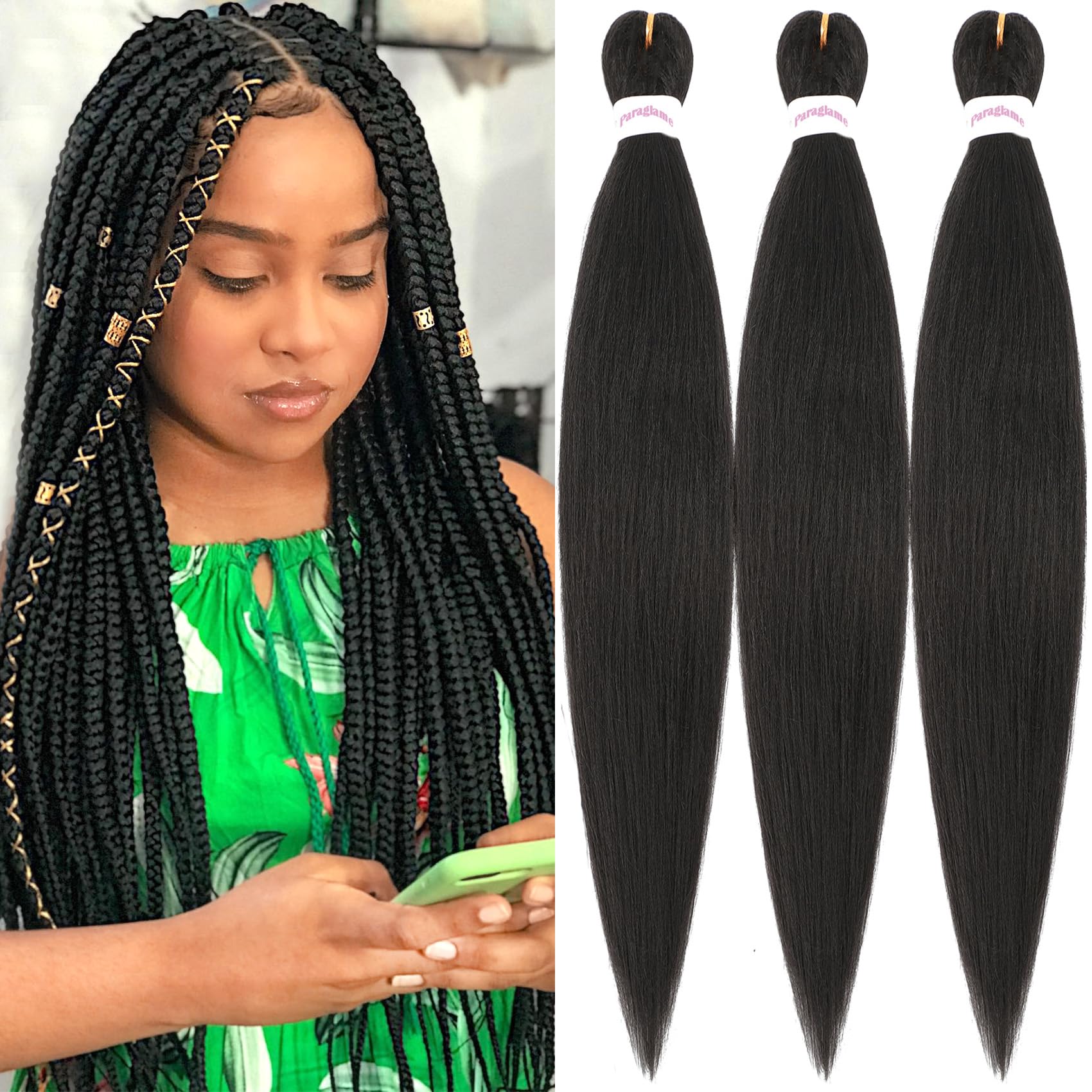 26 Inch Pre Stretched Braiding Hair Natural Black Prestretched Kanekalo Braiding Hair 3 Packs Hot Water Setting Braiding Hair Extensions For Women (1B, 26 Inch (Pack of 3))