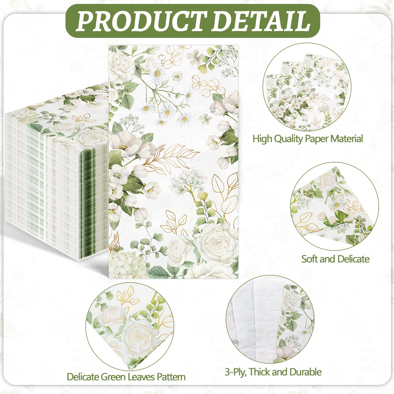 100 servilletas de papel florales blancas de 3 capas, desechables, para baño, flores de primavera, servilletas de invitados, servilletas de cena floral para boda, novia, baby shower, cumpleaños