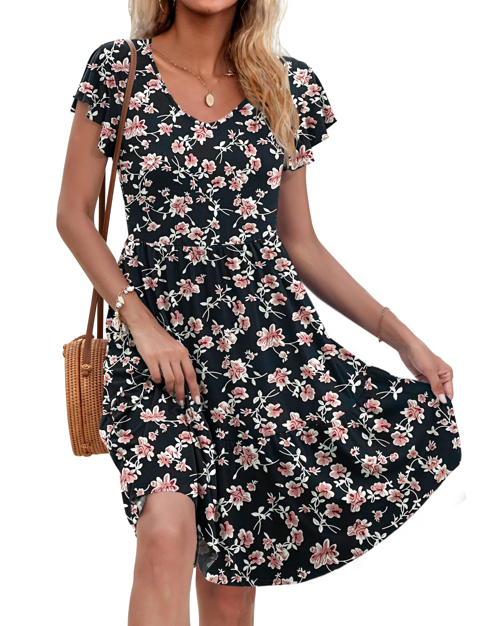 AUSELILY Damen Sommerkleid Rüschen Kurzarm Elegante V-Ausschnitt Kleider Swing Knielanges A-Linie Freizeit Strandkleid Gestuftes Kleider mit Tasche