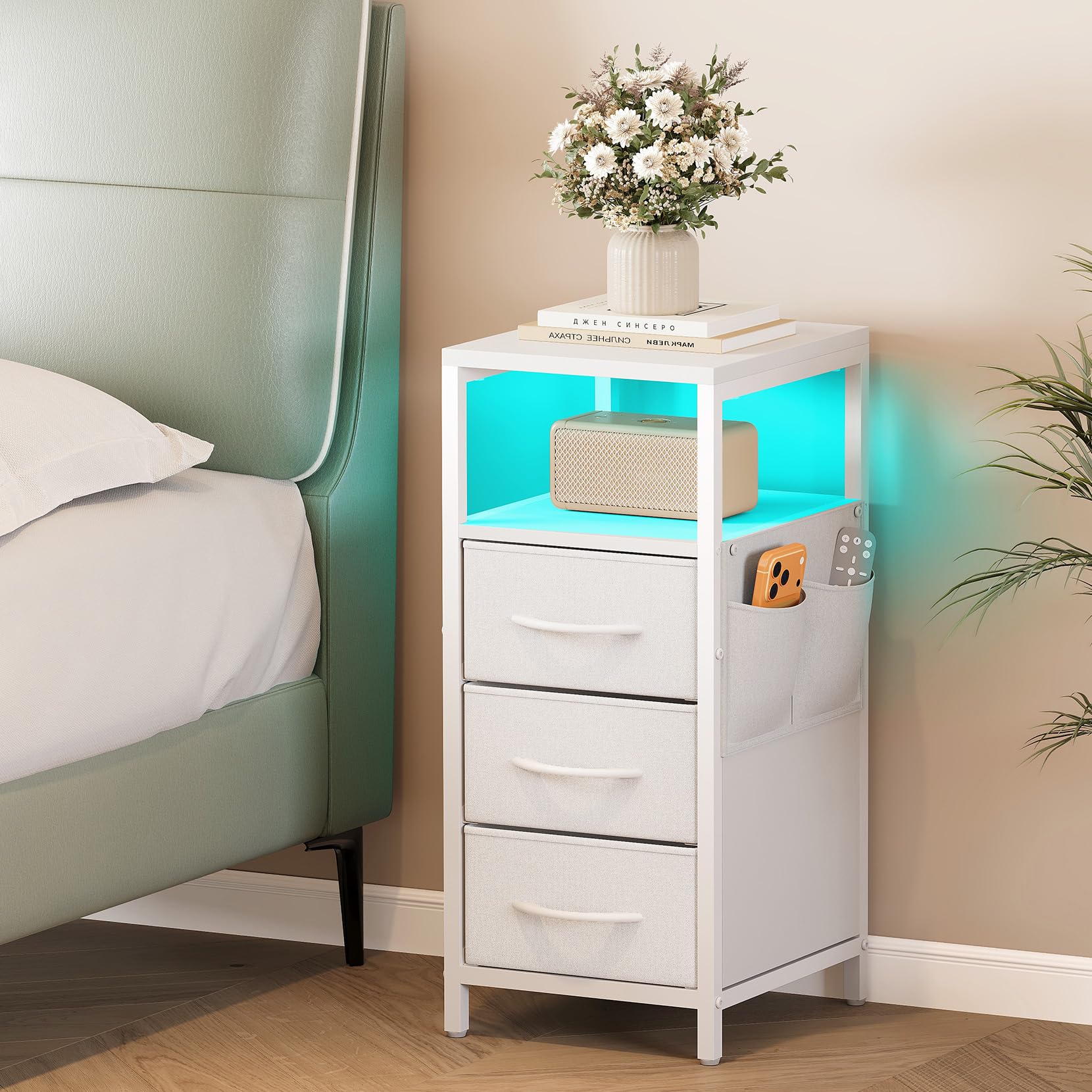 Dripex Nachttisch 2er Set, LED Beistelltisch mit 3 Schubladen und offenem Fach