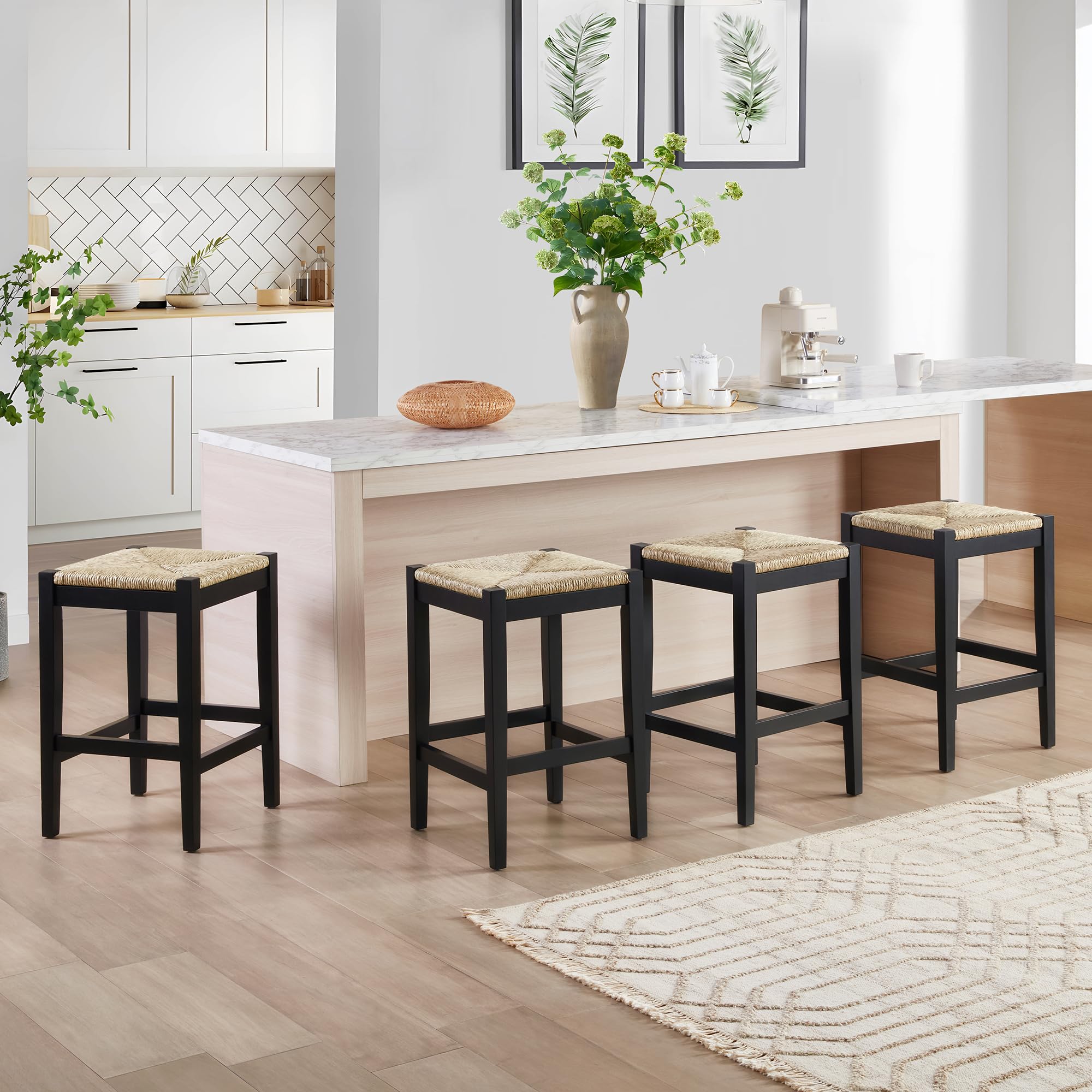 DUHOME 26-Inch Backless Seagrass Counter Stools Set of 4,Handwoven with Natural Fibers&Solid Wood Black Legs Woven Rattan Rope Bar Stools for Kitchen