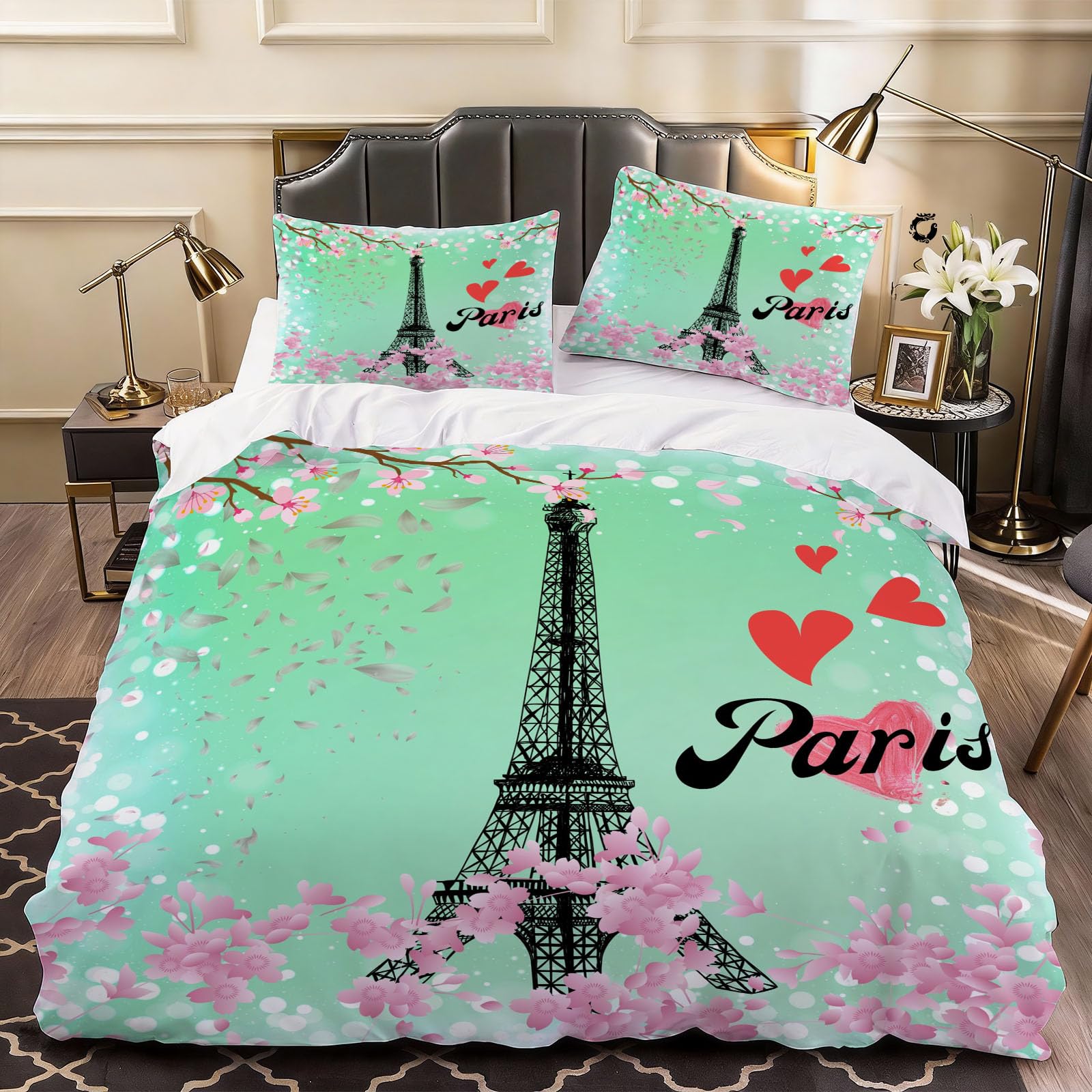 3D Girl Eiffel Tower Duvet Cover Artist Bedding Single Bed Set, Soft Microfiber Comforter Cover Printed with Zipper Closure Quilt Coverr 135x200 cm and 2 Pillowcases