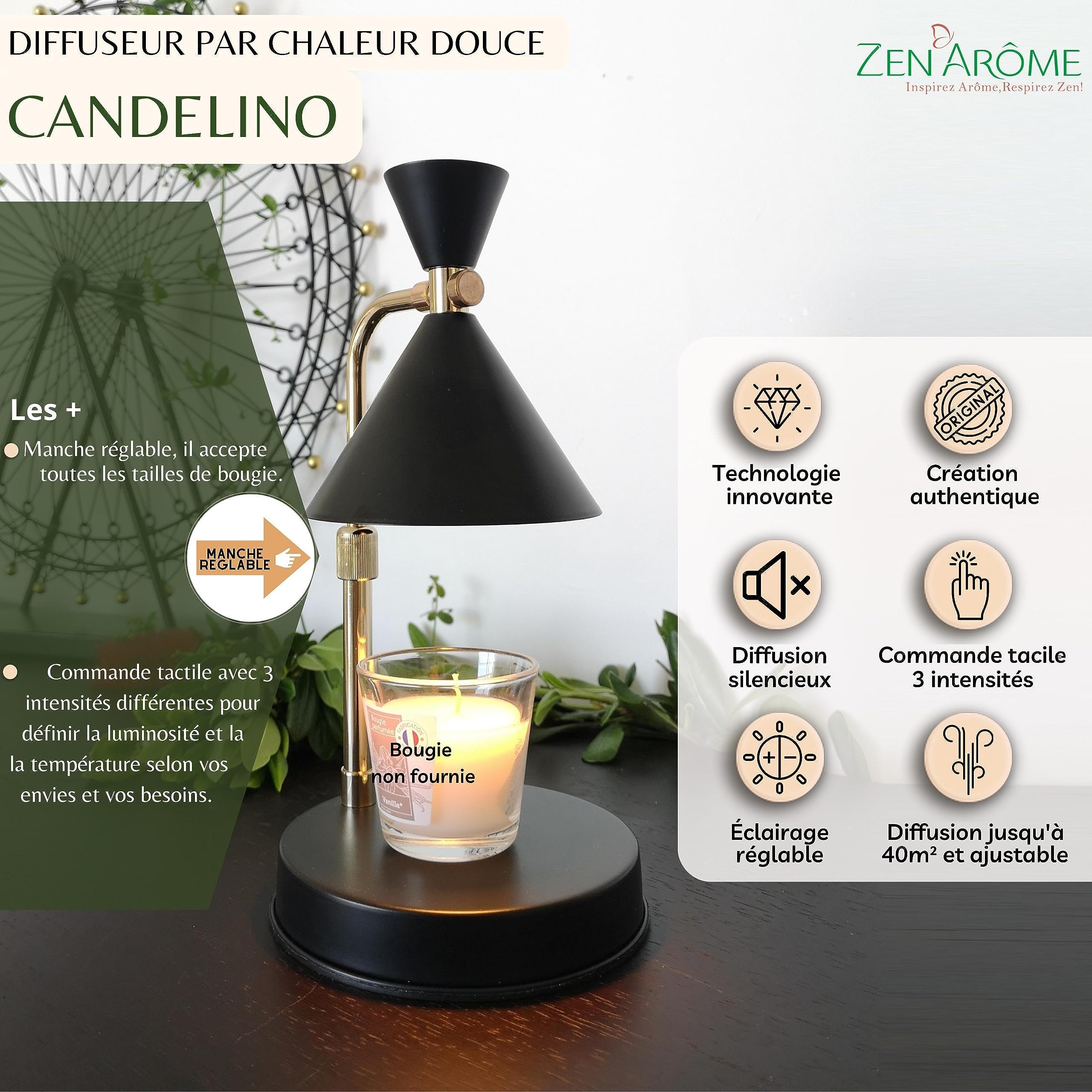 Zen'Arôme Duftkerzenwärmer Candelino - Elektrischer Duftkerzenbrenner - Verbreitet Düfte ohne Flamme oder Rauch - Verlängert die Brenndauer von Kerzen - Integrierter Dimmer - Höhenverstellbar.