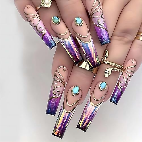 Uñas acrílicas a presión, uñas postizas largas con punta francesa, uñas postizas acrílicas con diseño de diamantes de imitación, color nude,