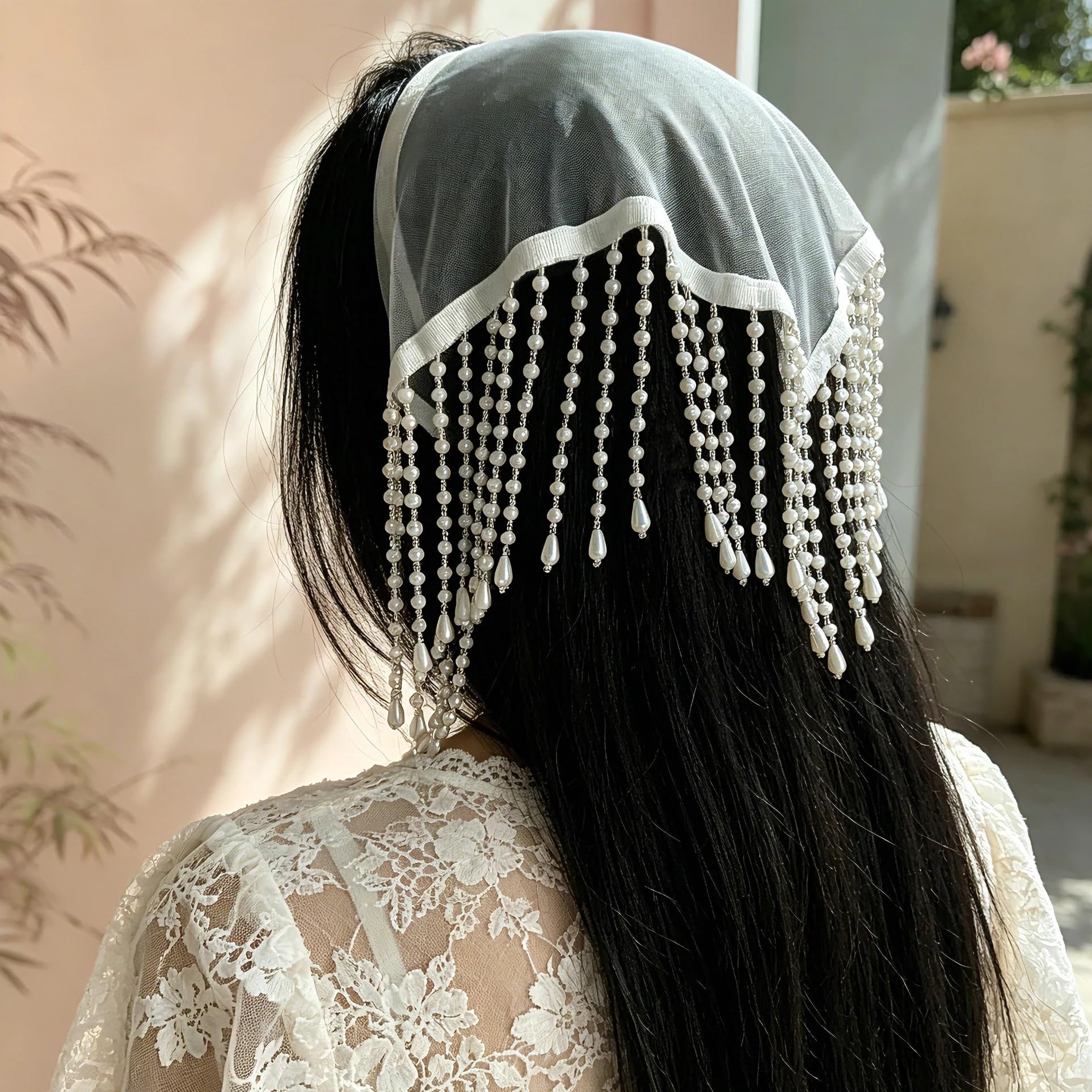 Diadema con cadena for el pelo borlas de perlas, tocado for fiesta boda, velo mujer malla blanca