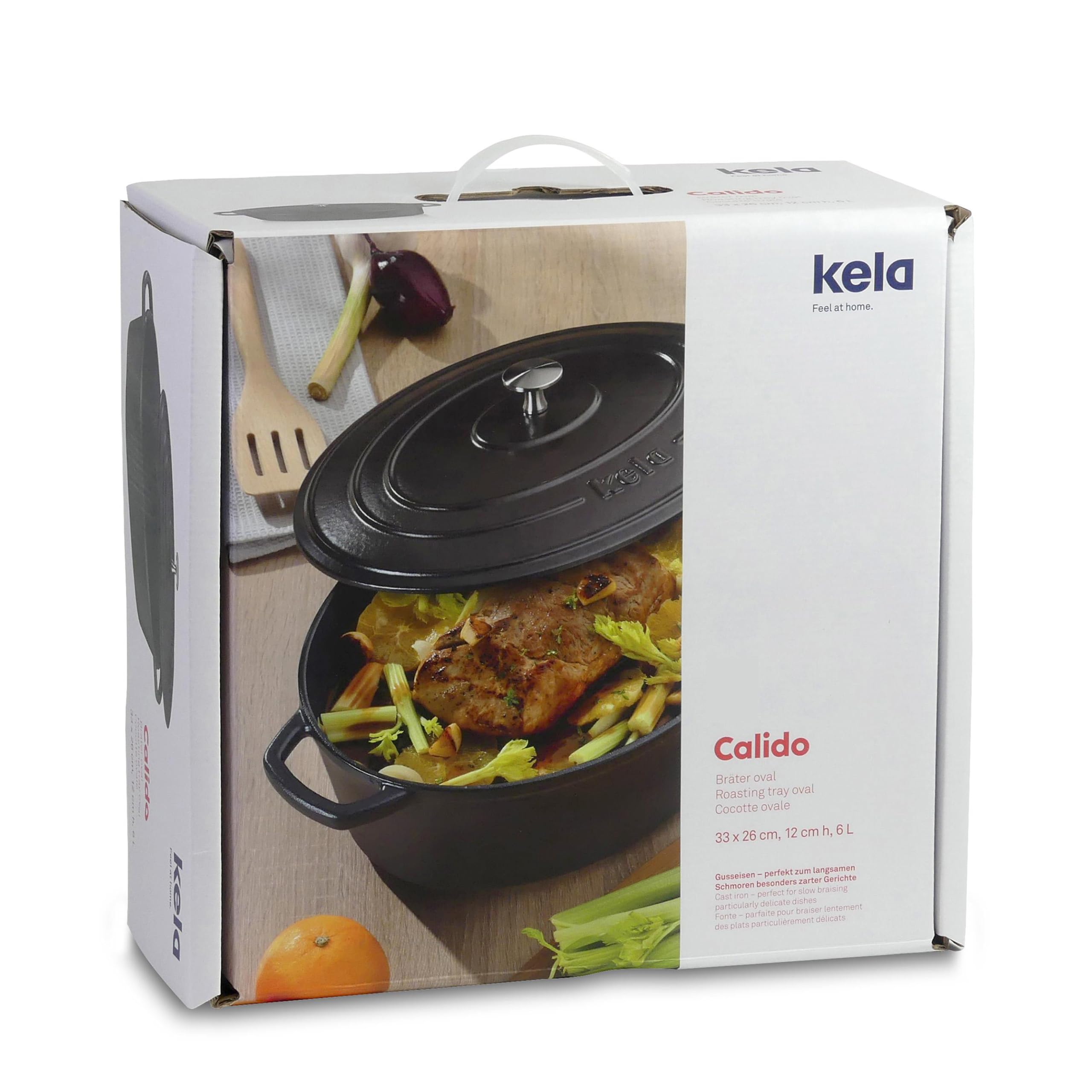 kela Bräter Gusseisen rund 3,8 Liter, Dutch Oven CALIDO, Induktion Gussbräter mit Deckel, Gusseisen Topf Brot backen, emailliert, schwarz