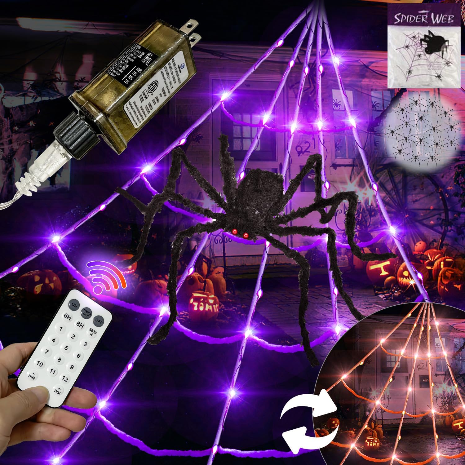 20*17FT Halloween Spider Web 250 Led Purple Lights Light Up Lighted Triangular Giant Battery Operated Waterproof with 200sqft Cobweb and 20 Small Spiders for Indoor and Outdoor Decor Yard Decoration