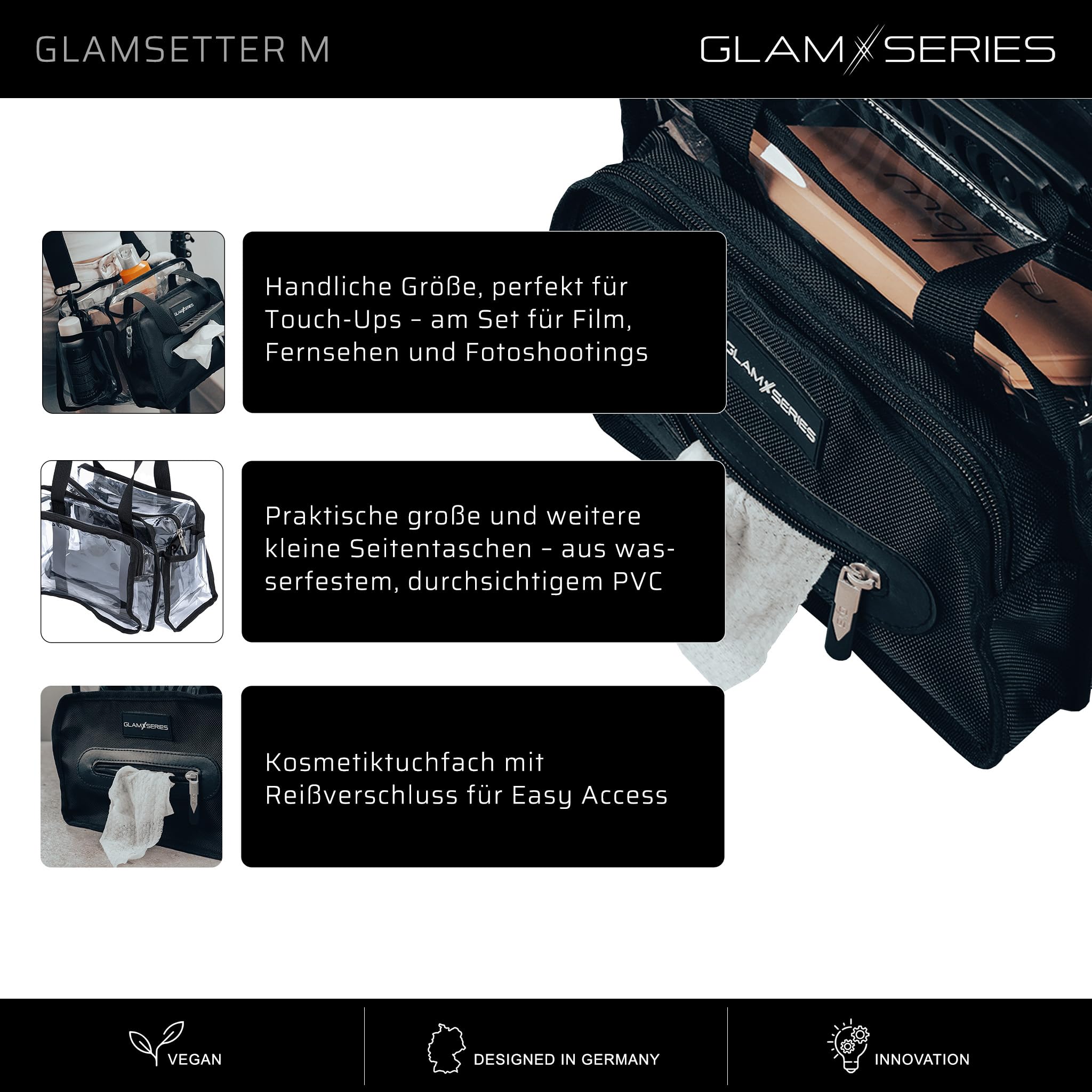 GlamSetter M Kosmetiktasche 230 x 120 x 180 mm, transparenter Make up Organizer mit flexiblen Trageoptionen