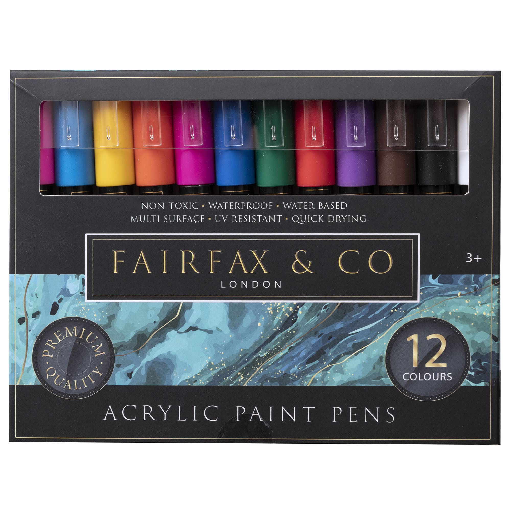 HTIFairfax & Co Acrylic Paint Pens | 12 Colour Markers for Rock Painting, Glass, Mugs, Canvas & Multi-Surface Art | Non-Toxic, Waterproof, Quick-Drying Pens for Pebbles, Plastic & DIY Projects