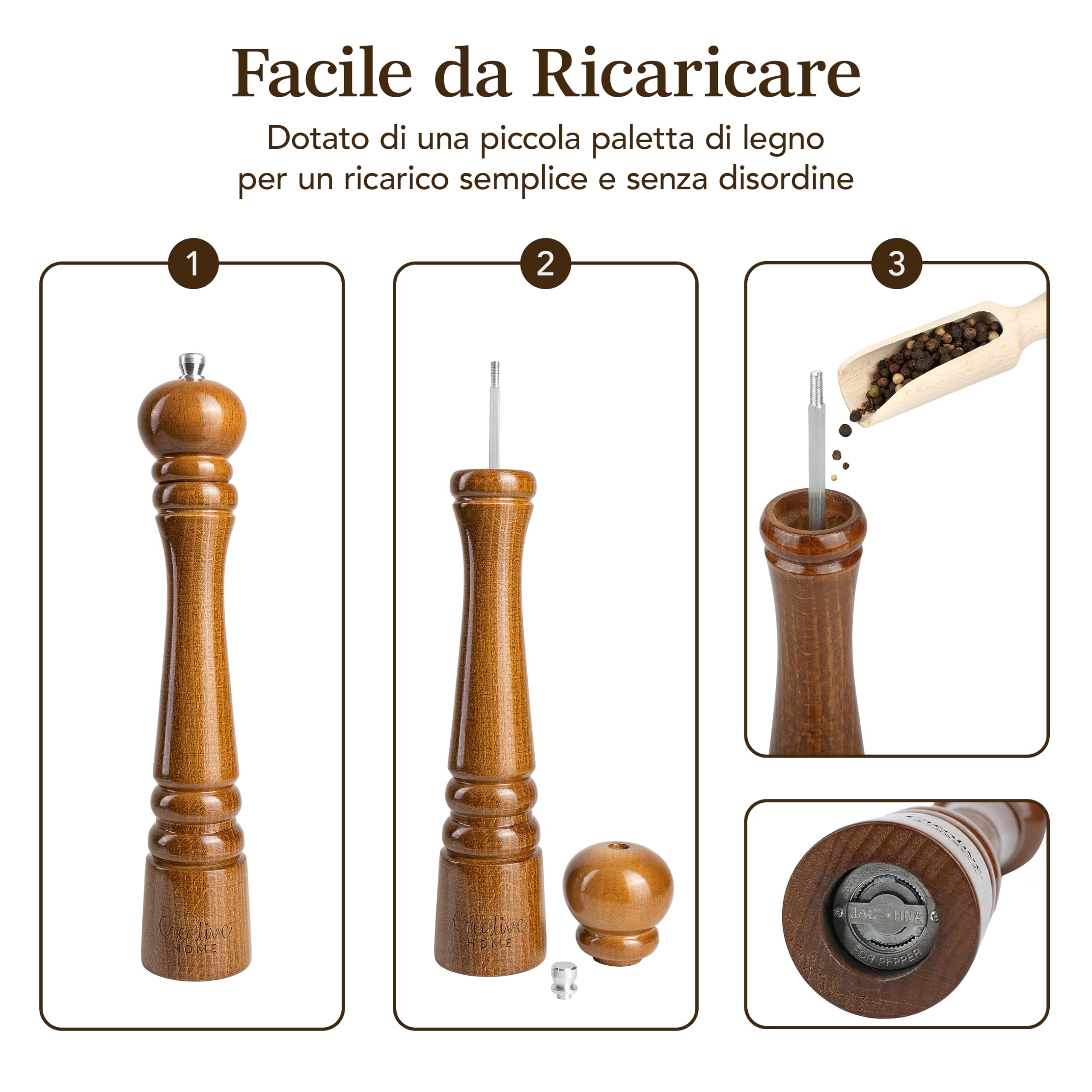 Creative Home Duo macinapepe e sale in legno | 2 macinini con mini cucchiaio | 31,5 cm Altezza | Faggio naturale | Meccanismo di macinazione manuale | Saliera e pepe