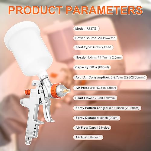 Miniatura 7 de REFINE Kit de pistola de pulverización, pistola de pintura automática con juegos de boquillas de 1.4/1.7/0.079 in, taza de 600 cc, pistola de