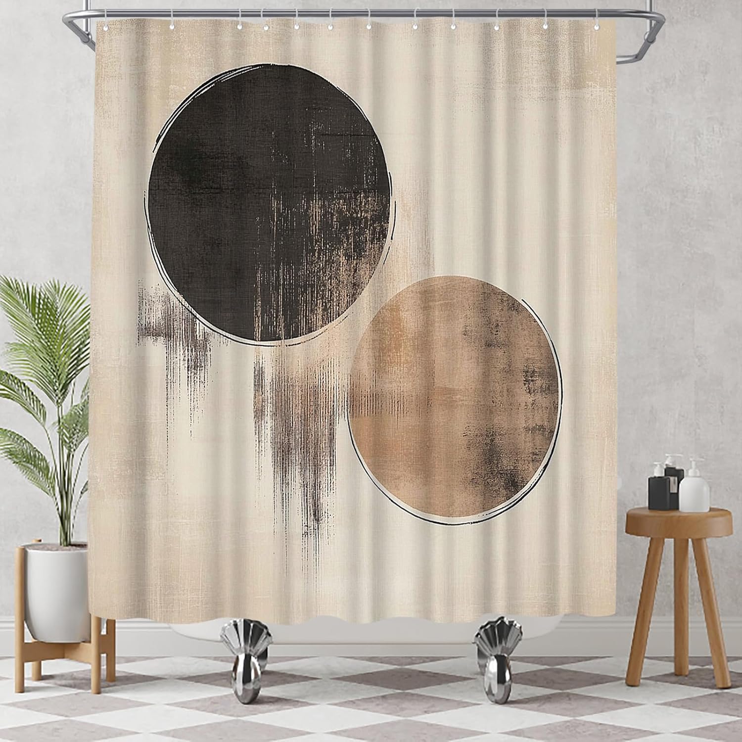 Black and Beige Boho Shower Curtain - Abstract Geometric Circle Waterproof Fabric Bathroom Curtain Home Decor, 72x72 Inch
