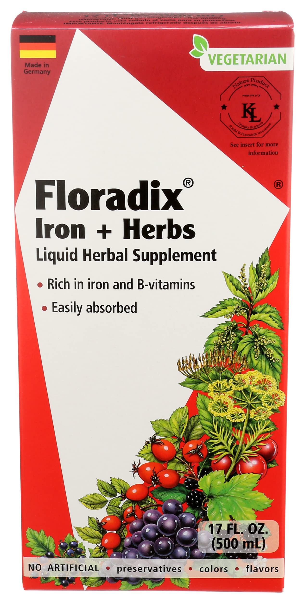 Floradix, Floradix Iron & Herbs Vegetarian Liquid Supplement for Energy Support, 17 Oz