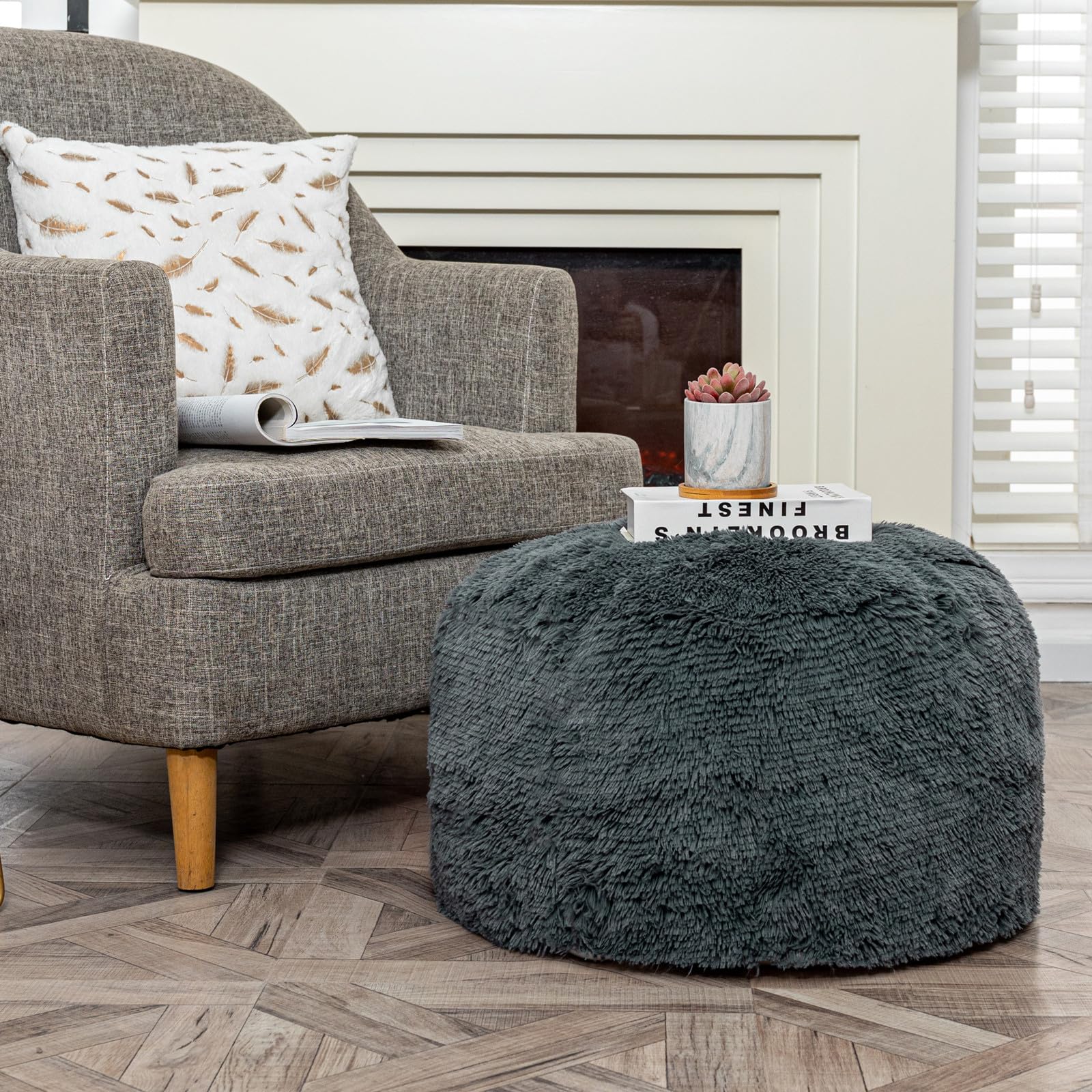 Taburete otomano de piel sin relleno, puf sin relleno, reposapiés de 20 x 12 pulgadas, asiento redondo, puf, silla de puf, almacenamiento plegable para sala de estar, dormitorio, solo gris oscuro 8