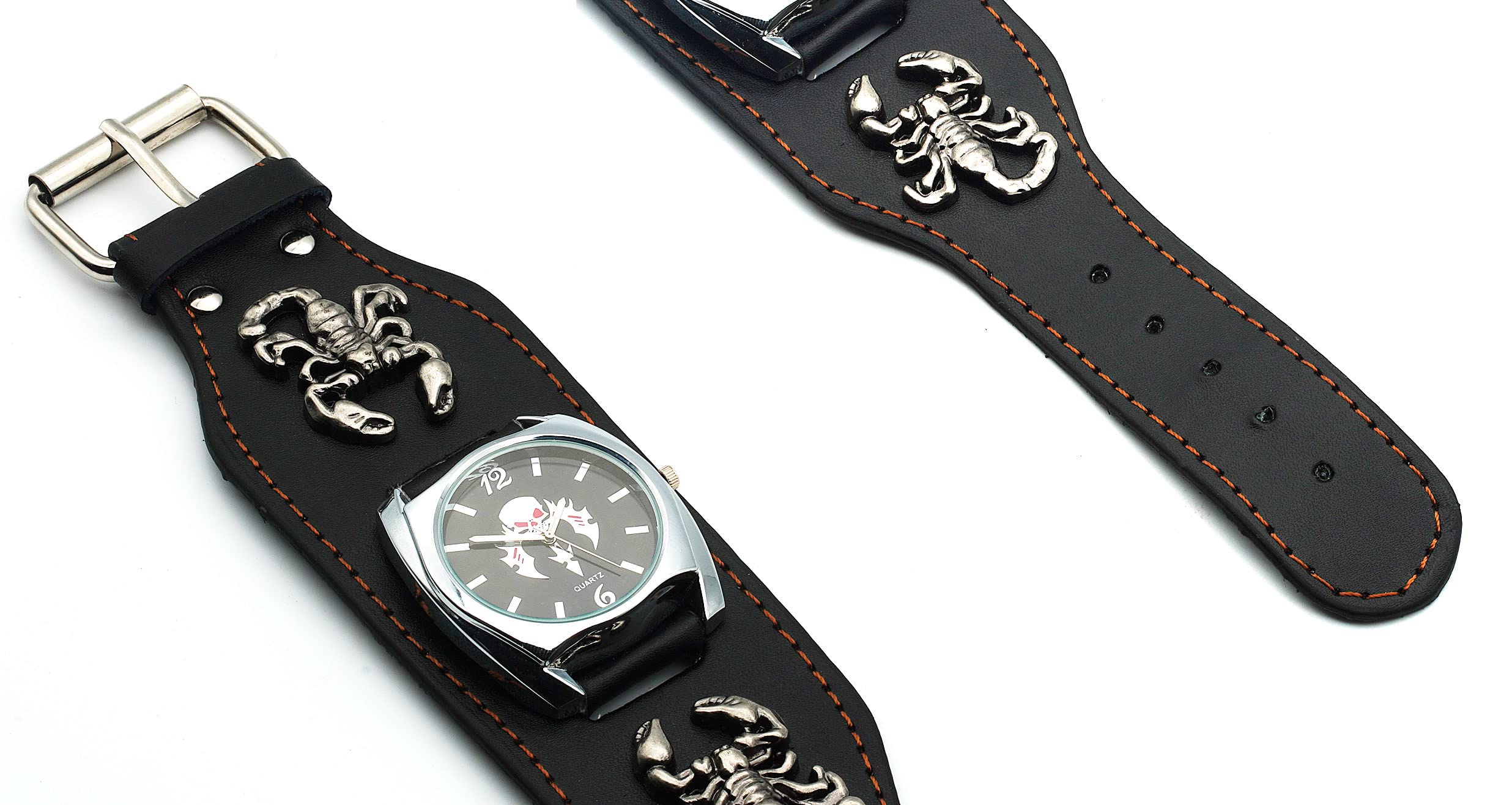 Reloj punk Scorpion Skull para hombres y mujeres, reloj de pulsera de cuero ancho negro, estilo fresco, reloj de locomotora de roca, Punk 3