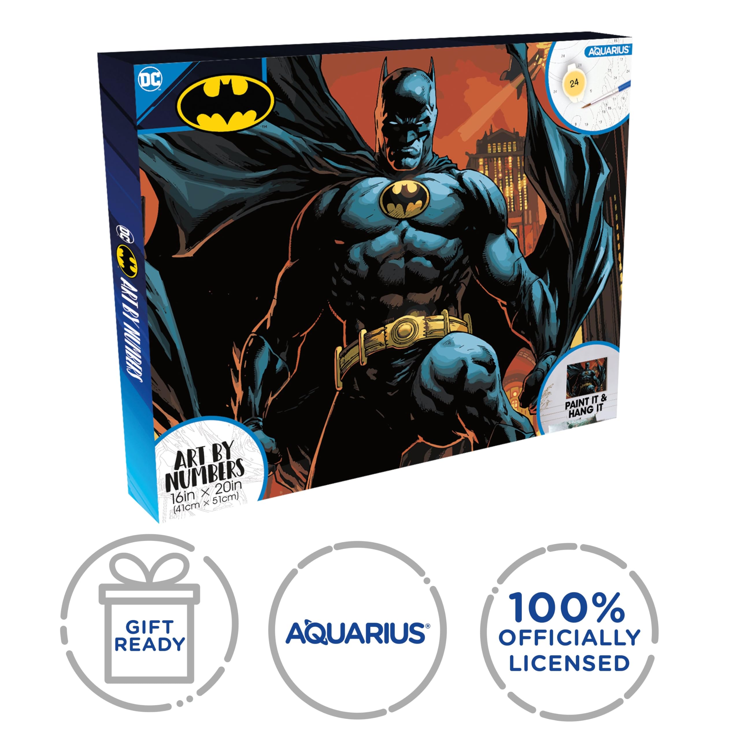 AQUARIUS Batman Art By Numbers Malset (40,6 x 50,8 cm gespannte Leinwand), 24 Farben, 3 Pinsel, fertig zum Aufhängen, offiziell lizenziertes DC Comics Sammlerstück – 40,6 x 50,8 cm