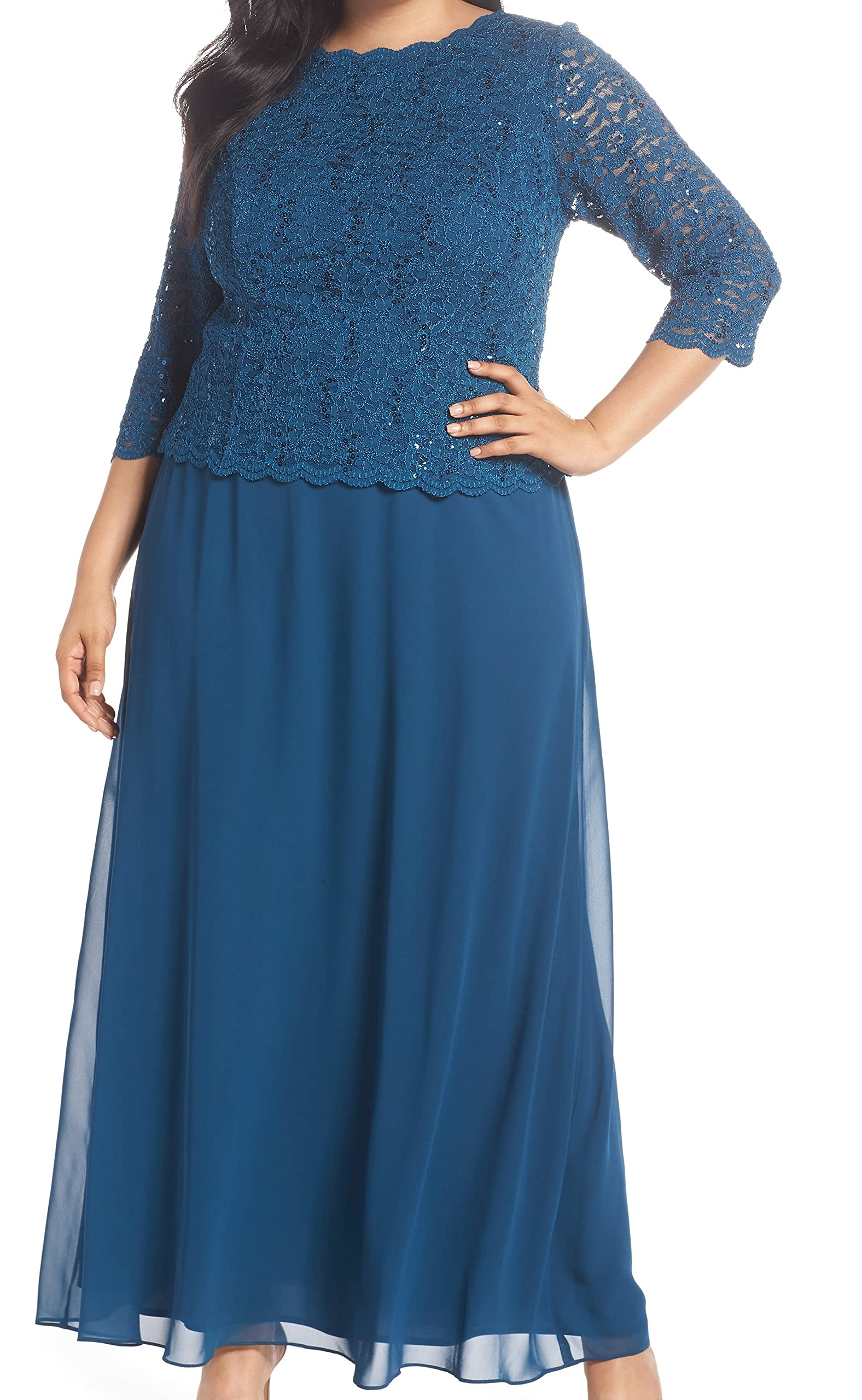 Alex Evenings Women's Plus Size Stretch Lace Bodice Mock One Piece Gown Special Occasion Dress, Peacock, 18