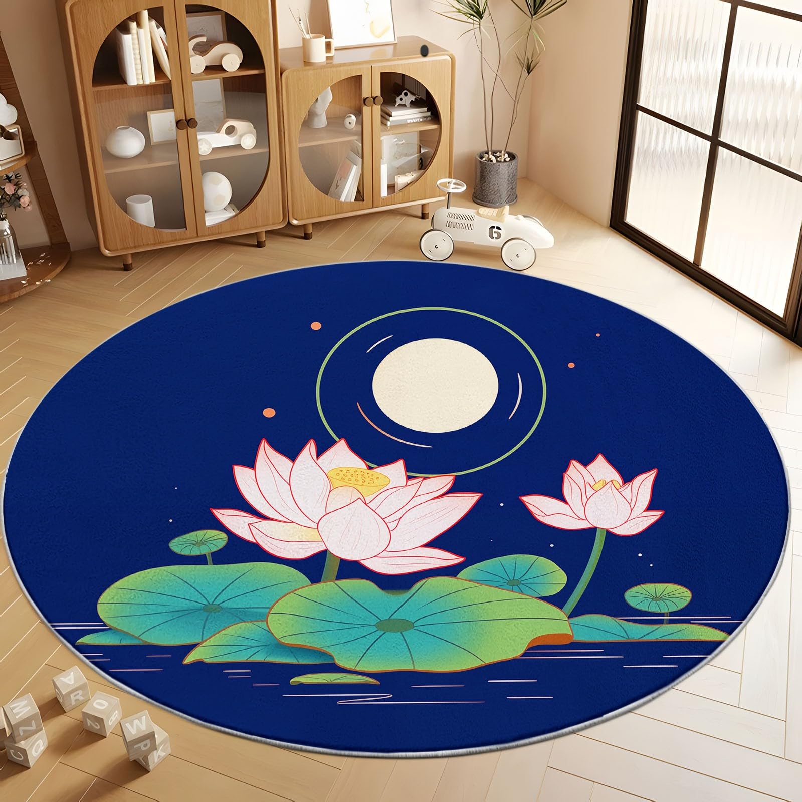 Générique Bleu Tapis Rond Lavable en Machine 120 cm, Lune Fleurs Lotus - Tapis Rond imprimé antidérapant à Poils Courts pour Salon, Chambre d'enfant, décoration de Chambre