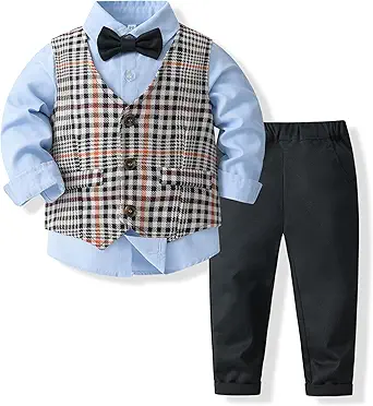 Kimocat Boys 3Pcs Clothing Sets Elegant Long Sleeve Shirts + Vest with Flower+Pants Party Suit