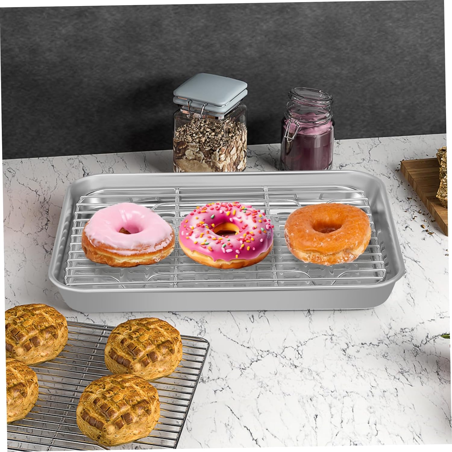 2sets Stainless Steel Baking Sheet Wire Rack Pizza Pan Cookie Sheet Baking Tray Oven Tray Meat Pans for