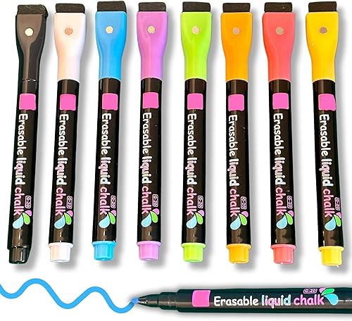 Ivory Blue Magnetic Liquid Chalk Markers for Acrylic Calendars and Planning Boards. Dry Erase Markers With Eraser, 1 MM Fine Tip, Assorted Colors, 8