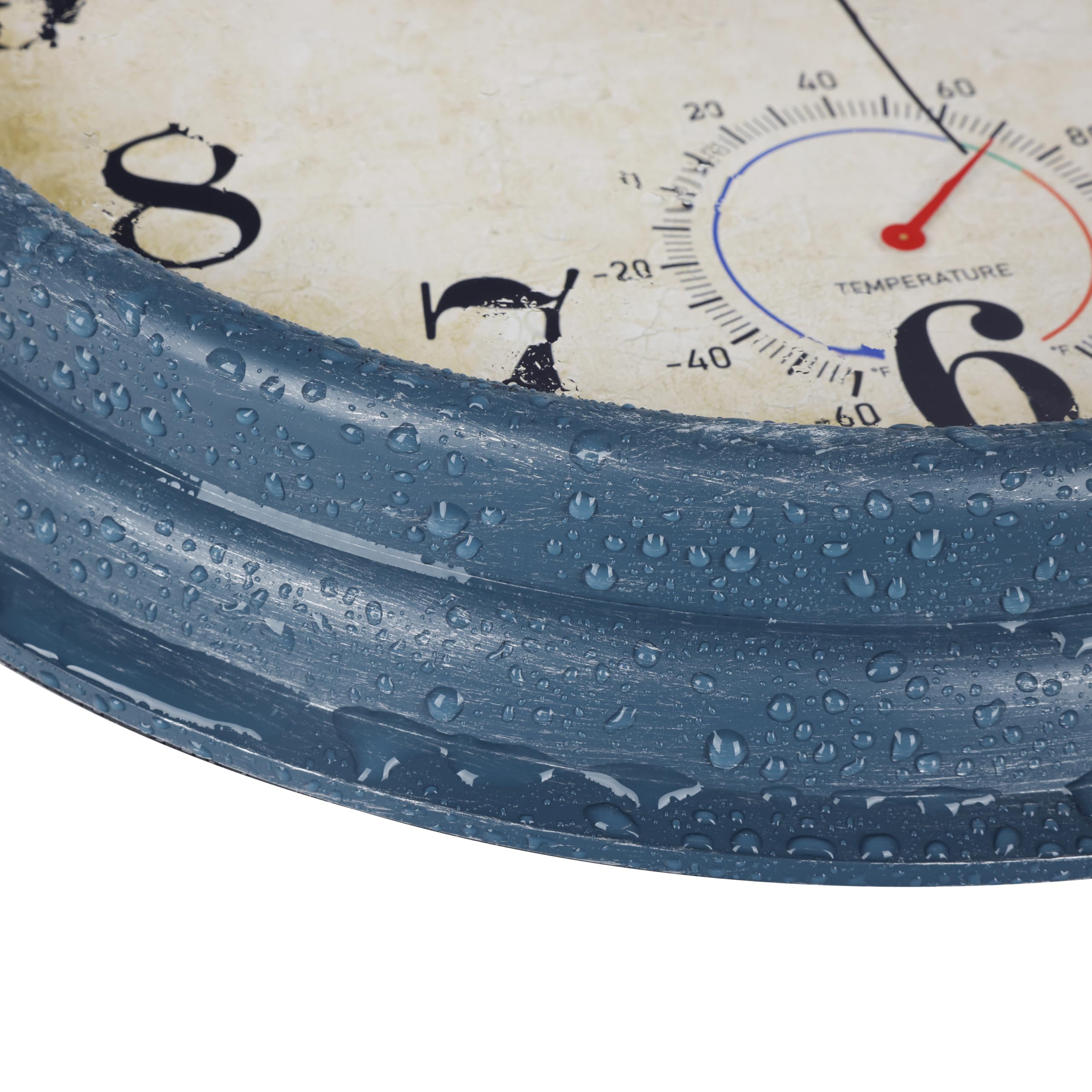 Grande horloge murale d'extérieur étanche avec thermomètre - Horloge murale rustique pour salle de bain, terrasse, piscine (40,6 cm, bleu)