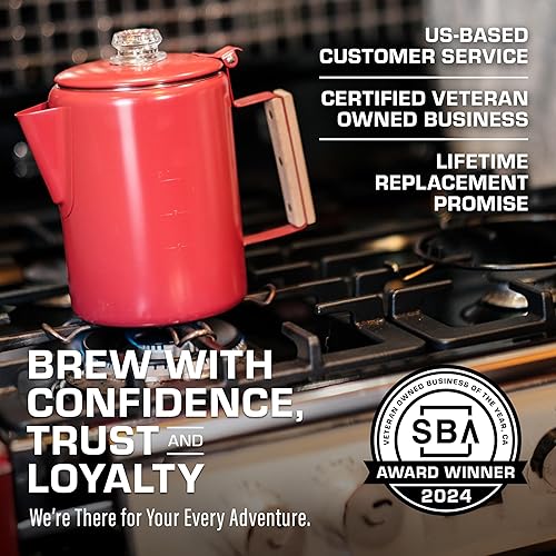 Miniatura 5 de COLETTI Bozeman - Cafetera percoladora roja, cafeteras de campamento, percoladora favorita de campamento, sin aluminio o plástico 9 tazas, rojo