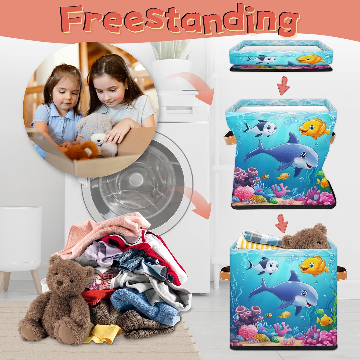 Sea Animals 11" Storage Cube Organizer with Dolphin, Stingray, Seaweed Design - Clothes Storage Basket Bin for Closet Shelf, Nursery, Kid Room, Book, Toy Chest - Non-Woven Fabric - 1Pcs