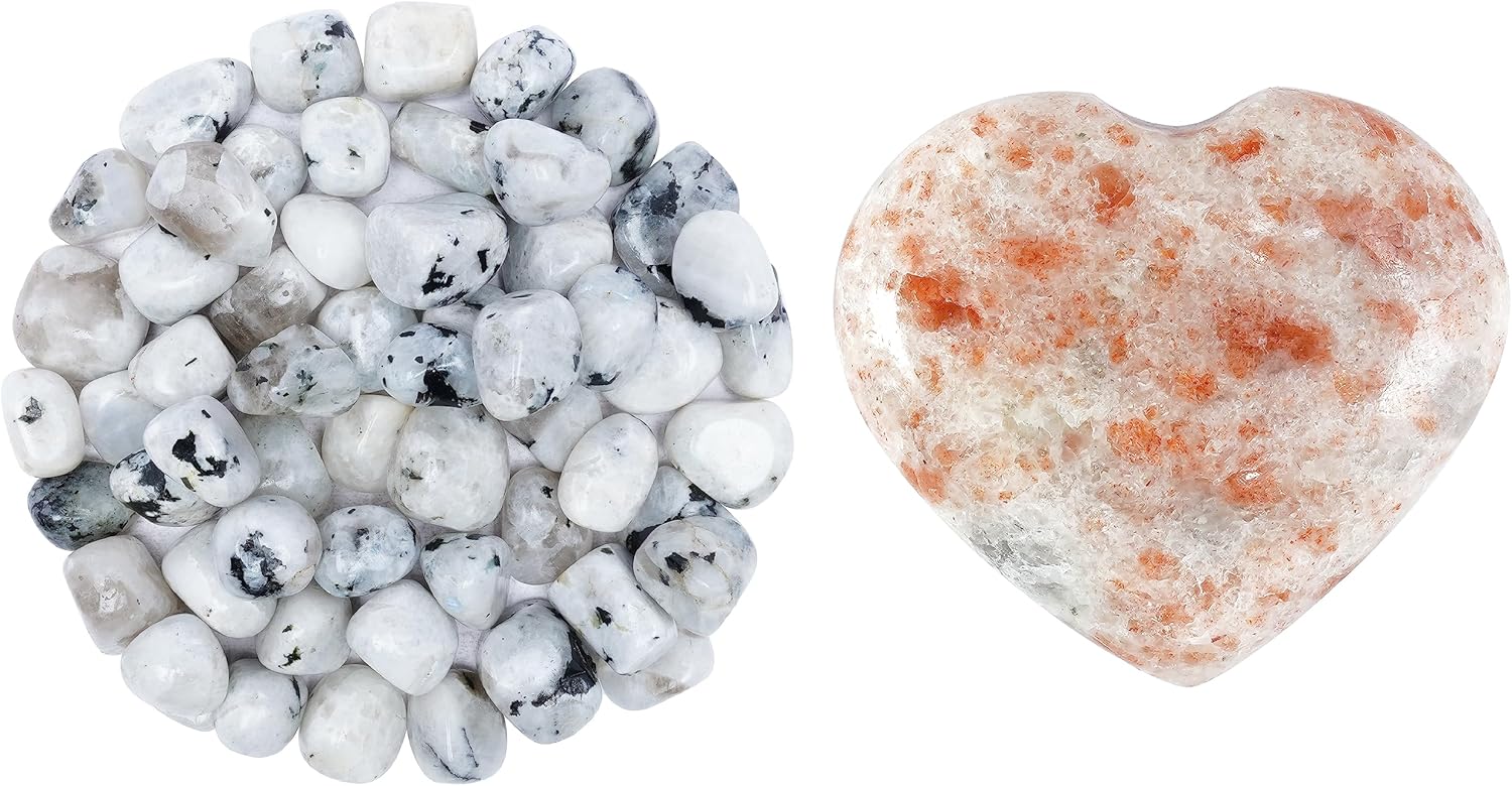 1LB Rainbow Moonstone Tumbled Stones & Sunstone Gemstone Big Heart Hand Carved Puff Stones Crystals Healing Tumble Collection Palm Worry Pocket Stone Good Luck Charm Gift Craft Home Decor