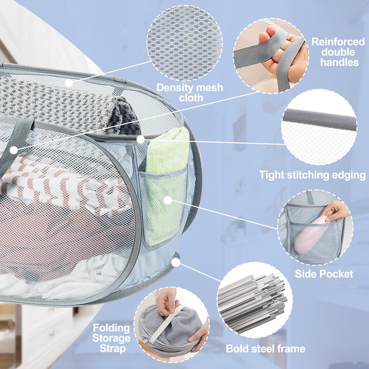 4PCS Mesh Laundry Hamper,Collapsible Laundry Baskets,75L Large Foldable Dirty Laundry Clothes Hamper Storage Basket Horizontal with Side Pocket&carry Handle for Home Travel grey Emerald